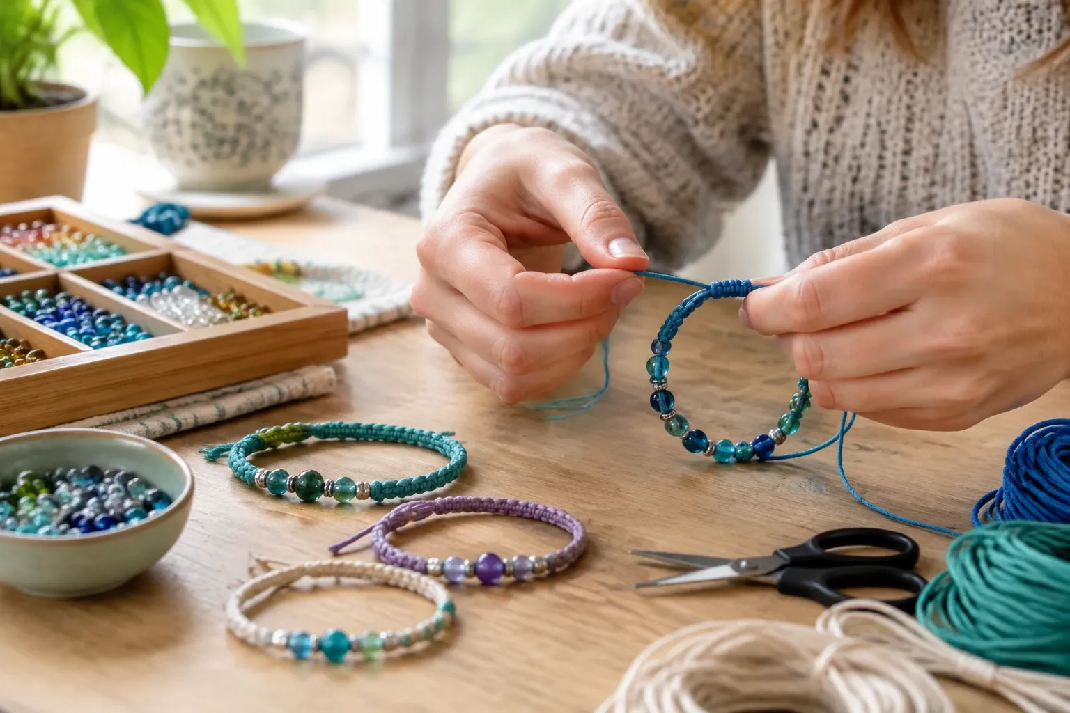 Vrouw knoopt blauw gevlochten armband met kralen aan houten tafel, daglicht