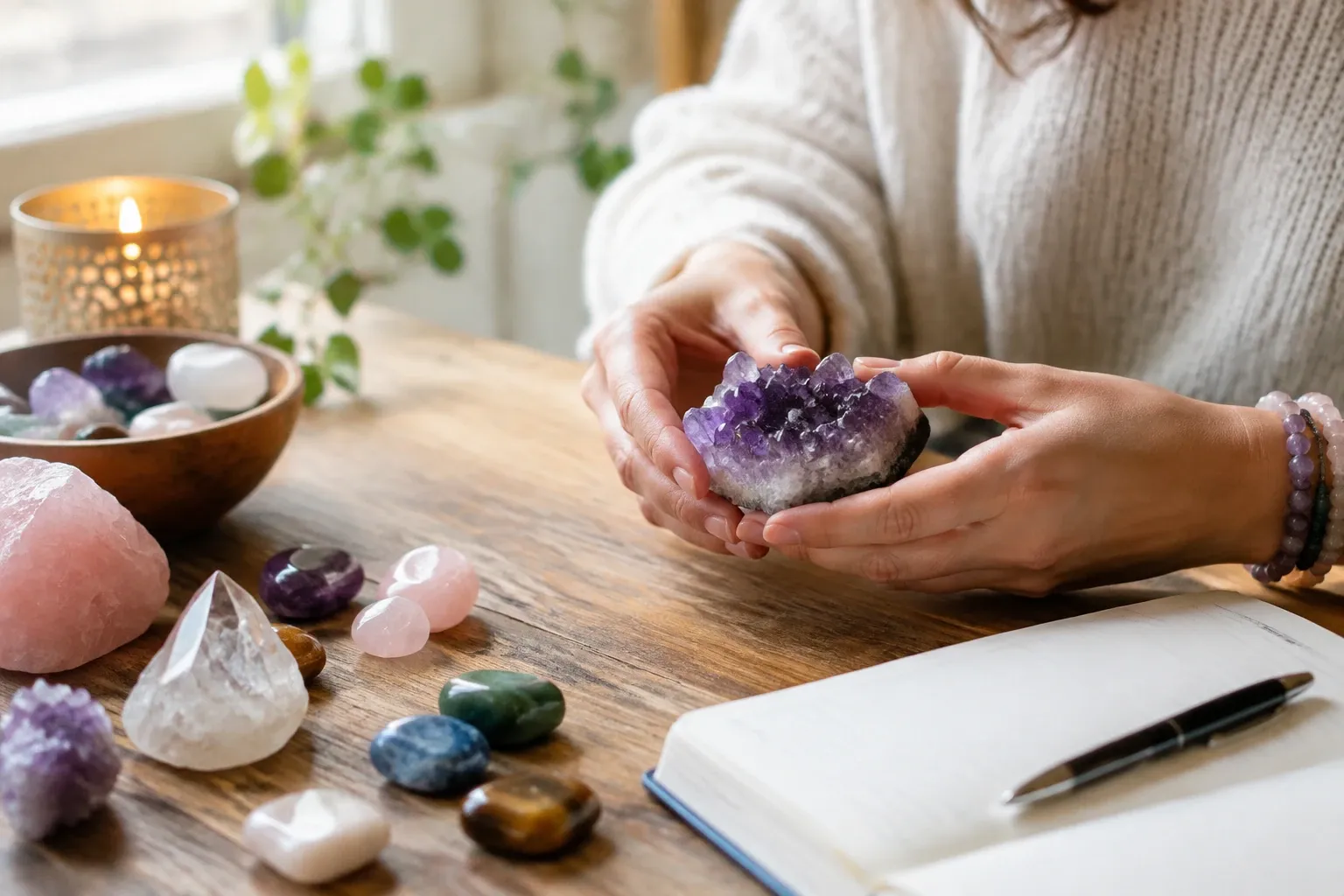 Vrouw houdt amethistgeode boven houten tafel met diverse kristallen en notitieboek