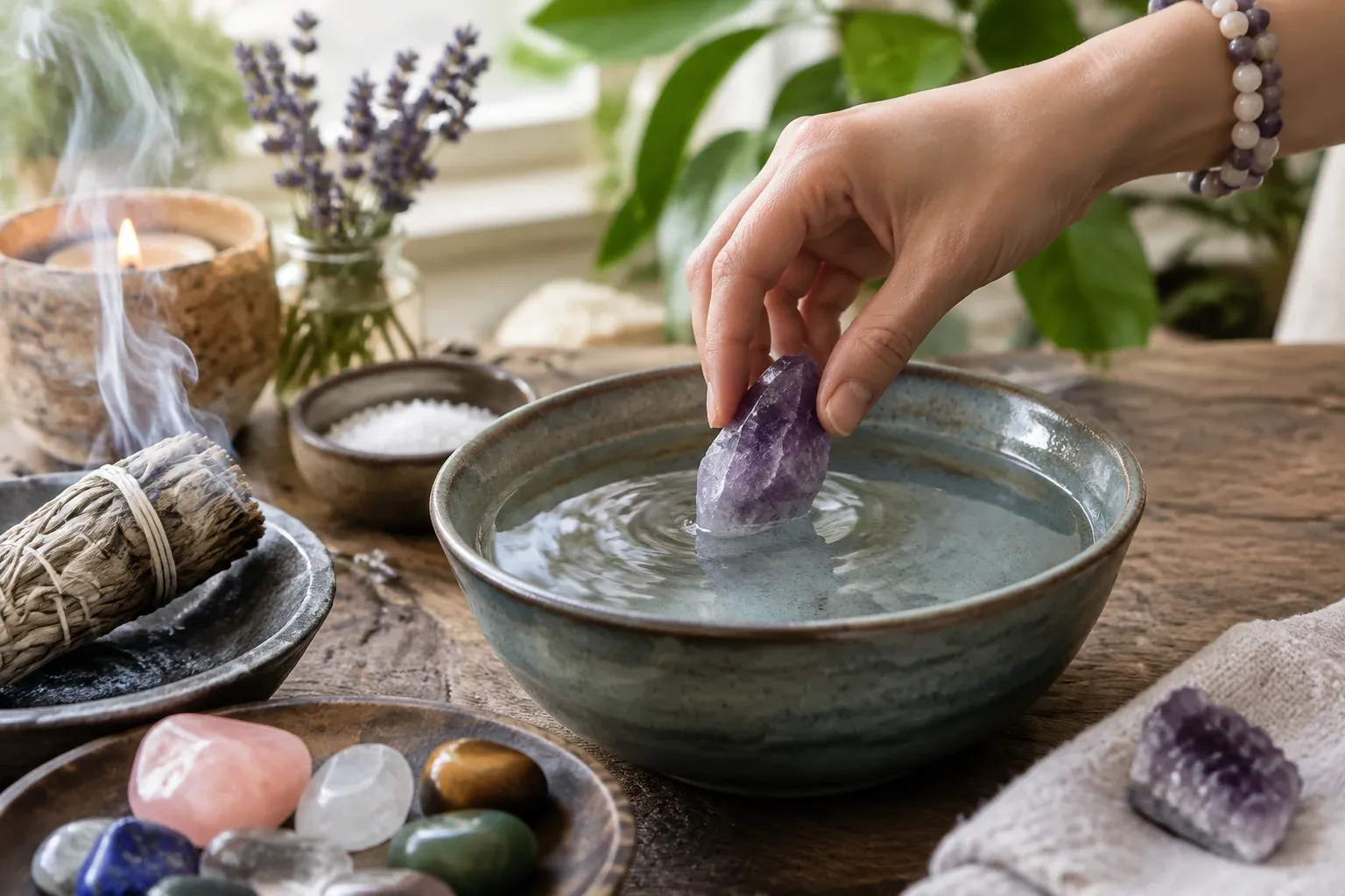 Hand dompelt amethist in schaal met water om steen te reinigen