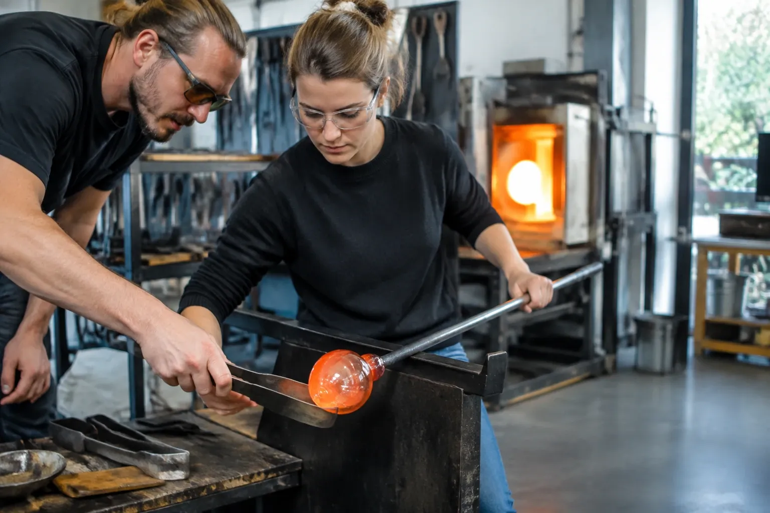 Twee mensen vormen gloeiend oranje glas aan pijp bij werkbank en oven