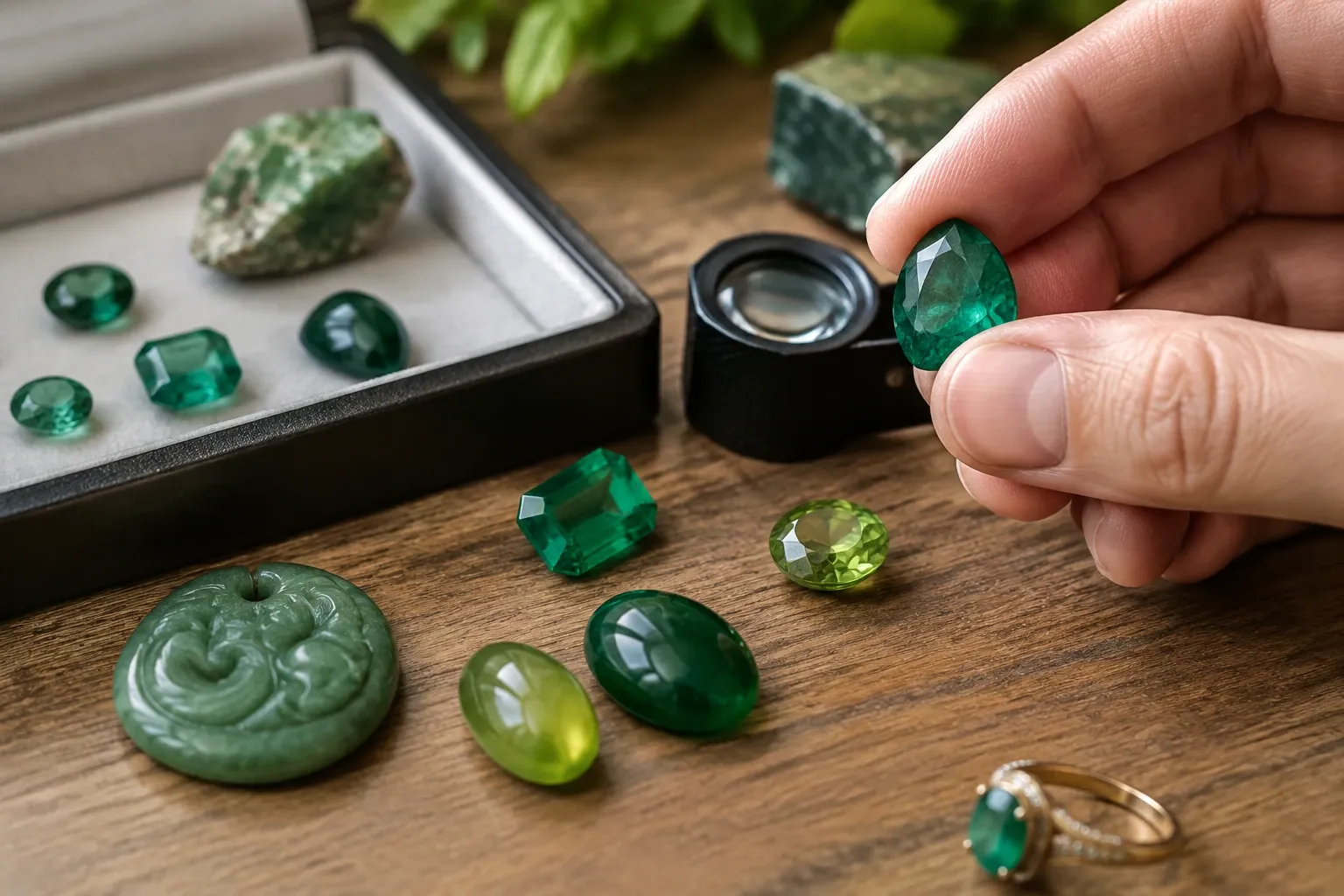 Hand houdt geslepen smaragd boven verschillende groene edelstenen en een loupe op hout