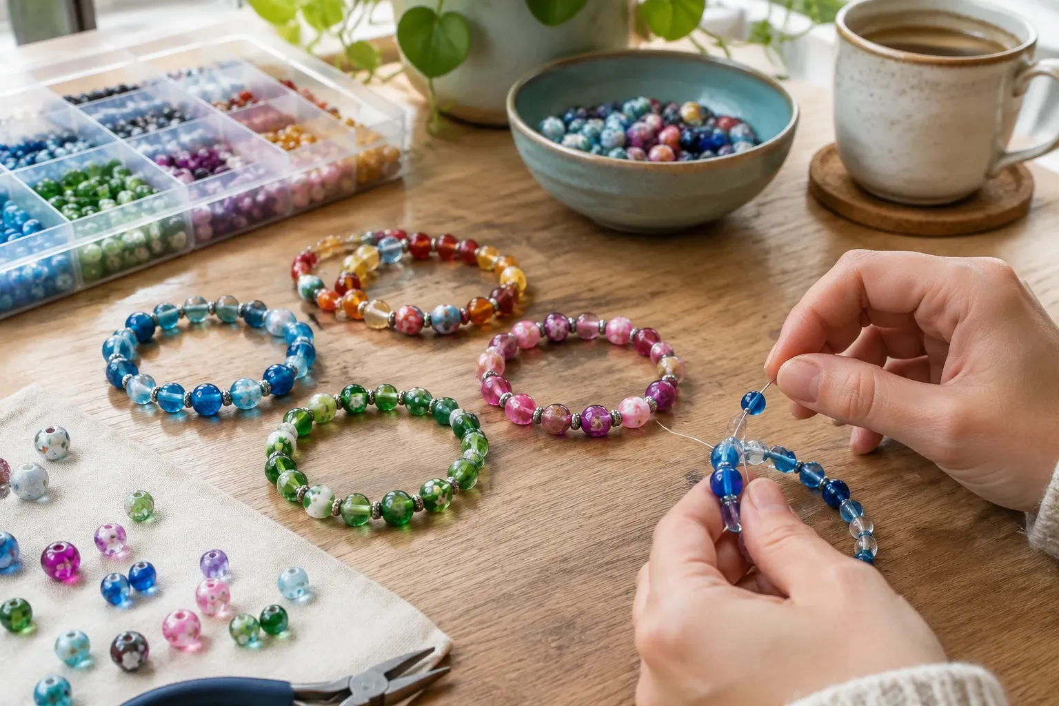 Handen rijgen blauwe kralen, vijf gekleurde kralenarmbandjes op tafel