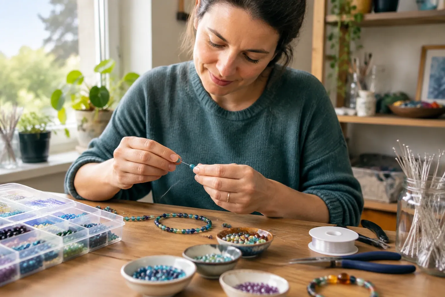 Vrouw rijgt gekleurde kralen aan draad aan tafel met schaaltjes en gereedschap