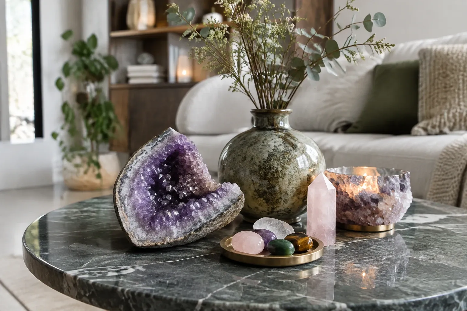 Amethist geode, rozenkwarts, geslepen kristallen en kaars in woonkamer tafeldecoratie