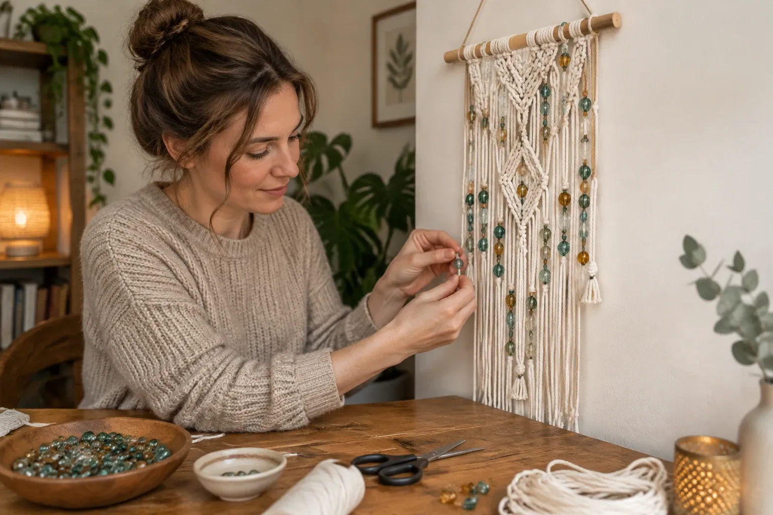 Vrouw rijgt groene en gele glaskralen aan macramé wanddecoratie aan houten stok