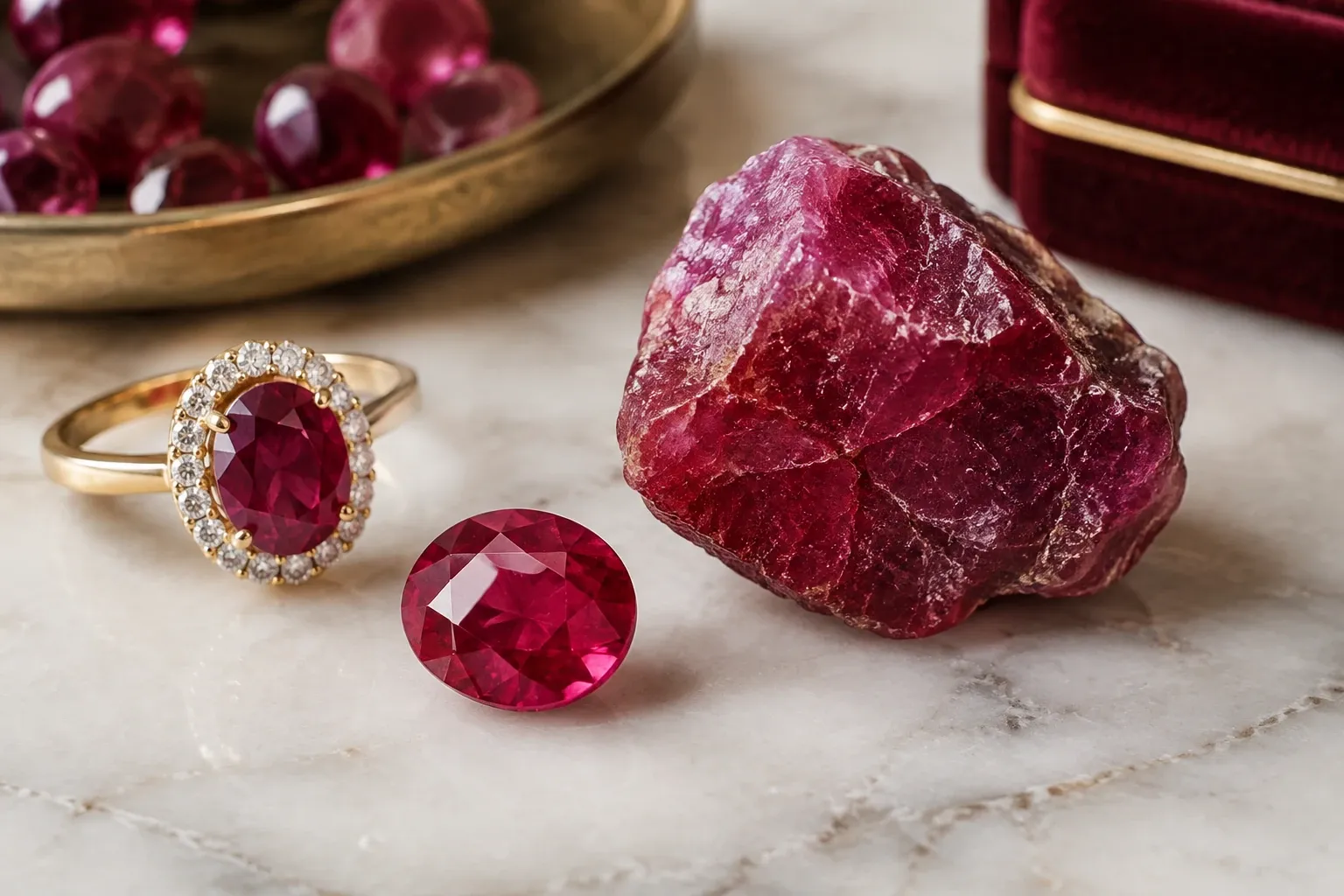 Ruwe robijn naast geslepen robijn en gouden ring met robijn en diamantjes