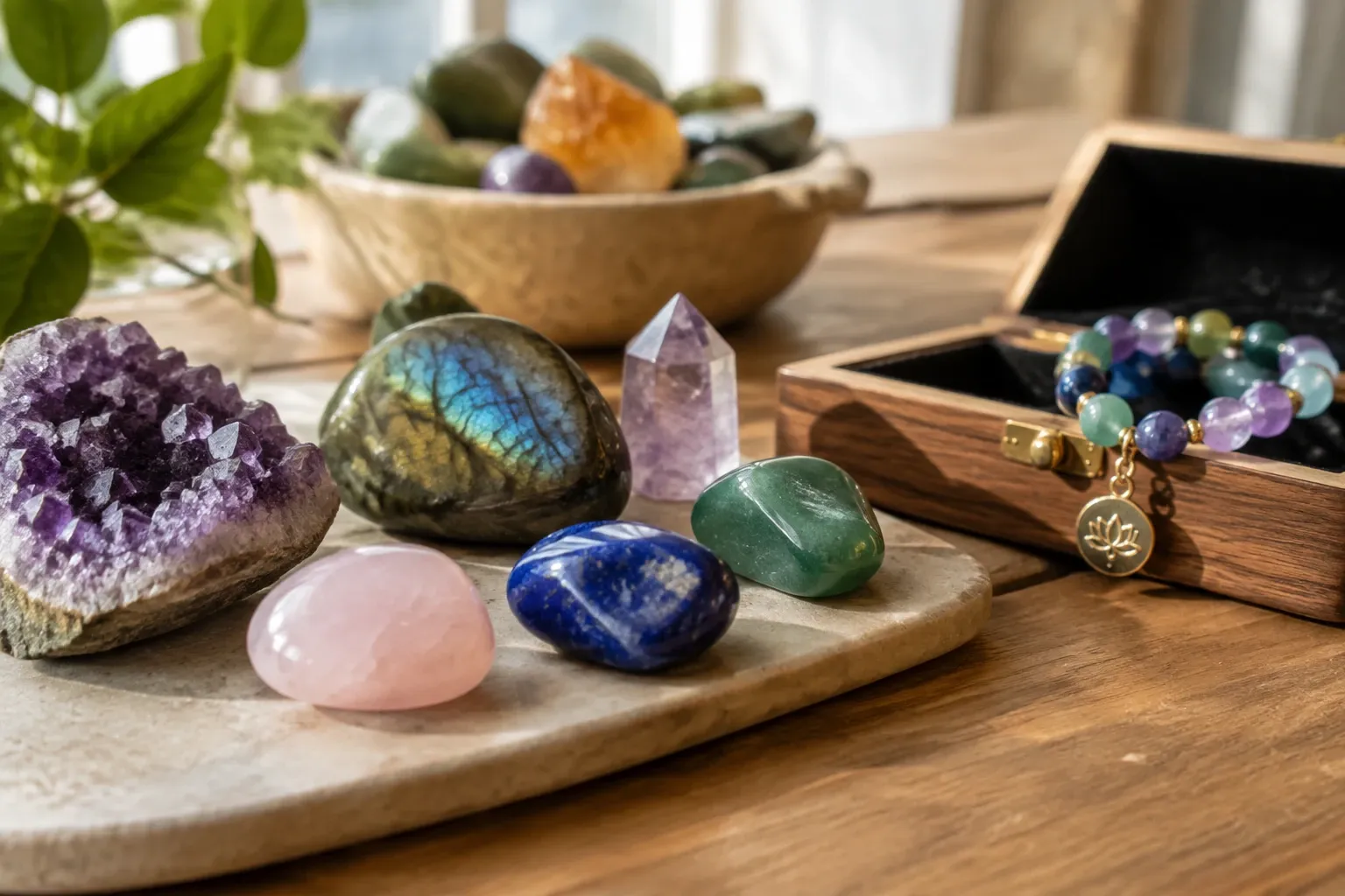 Gepolijste edelstenen en amethistgeode op houten tafel naast houten doosje met kralenarmband