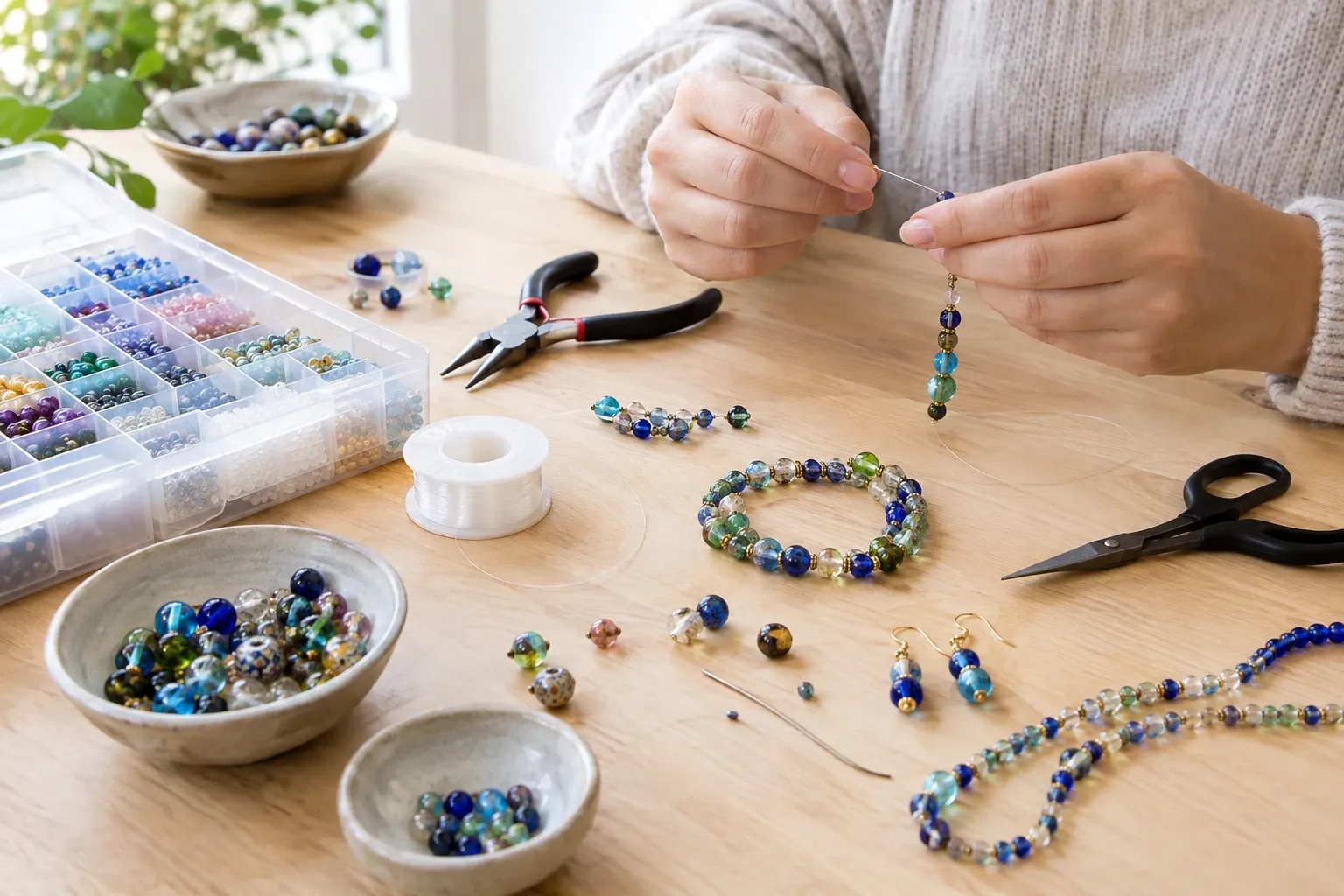 Handen rijgen glazen kralen aan draad bij tafel met tang, schaar en armband