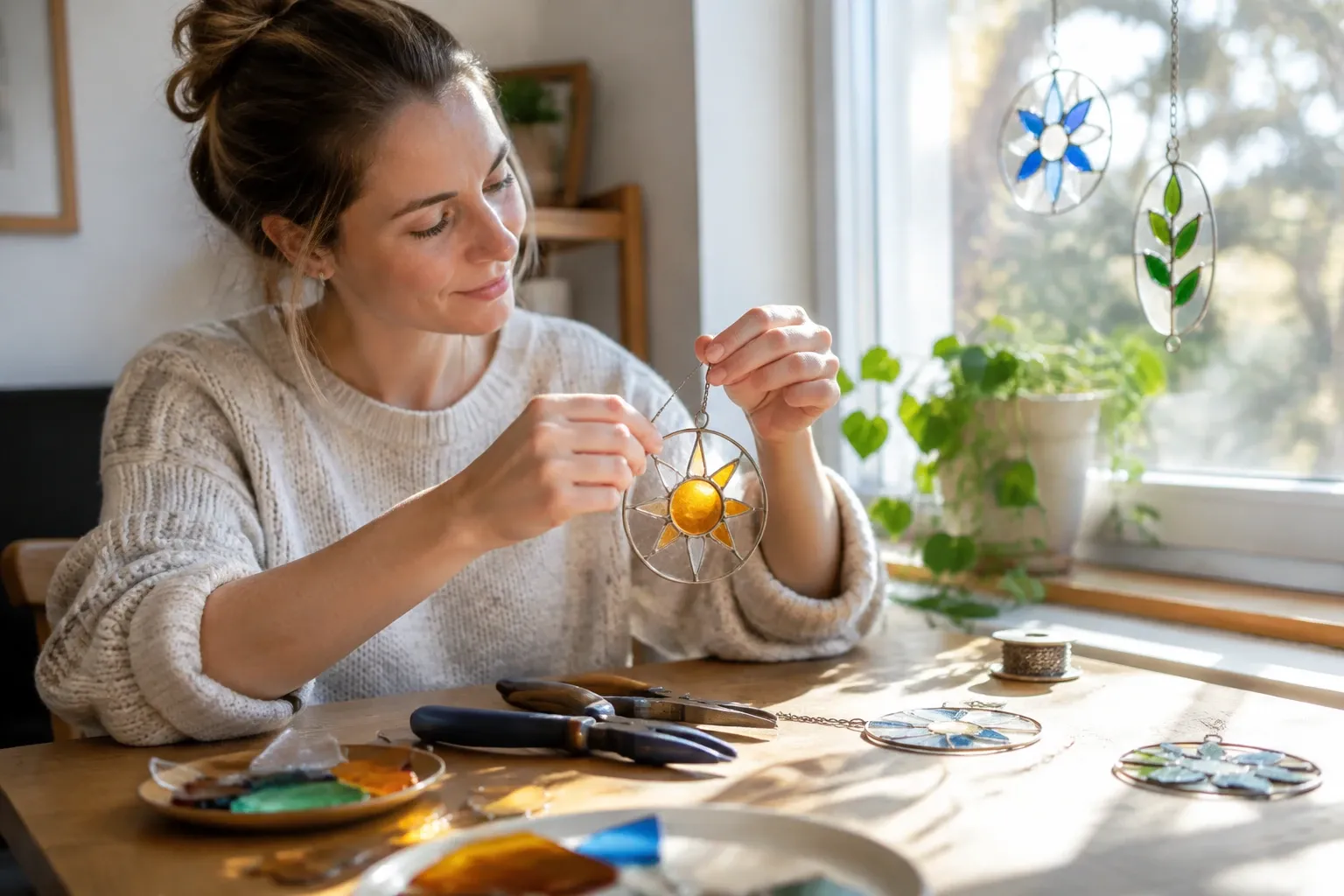 Vrouw maakt glazen suncatcher met geel zonmiddelpunt bij zonnig raam