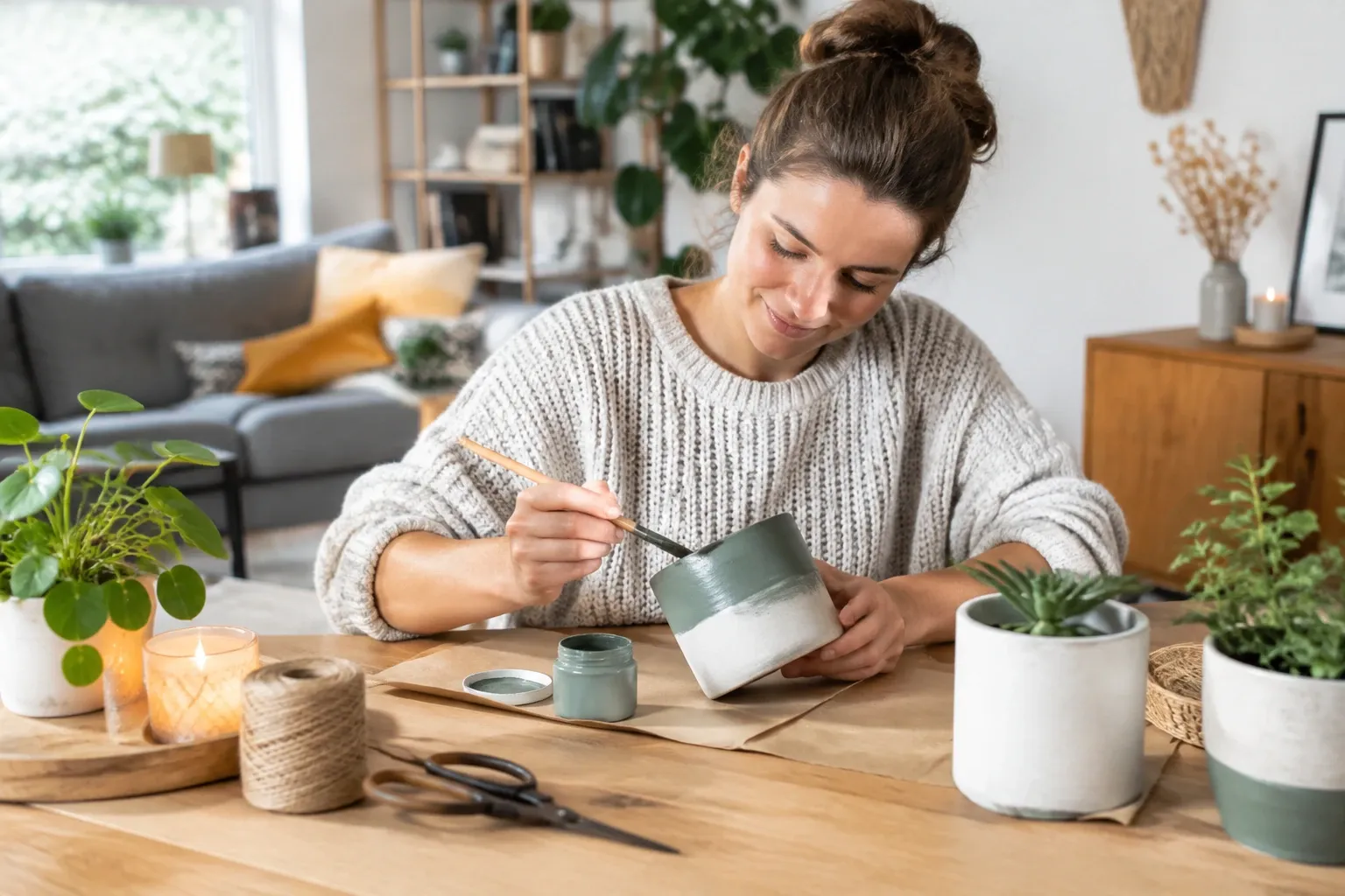 Vrouw die een cement bloempot groen-wit verft aan eettafel met planten en kaarsen