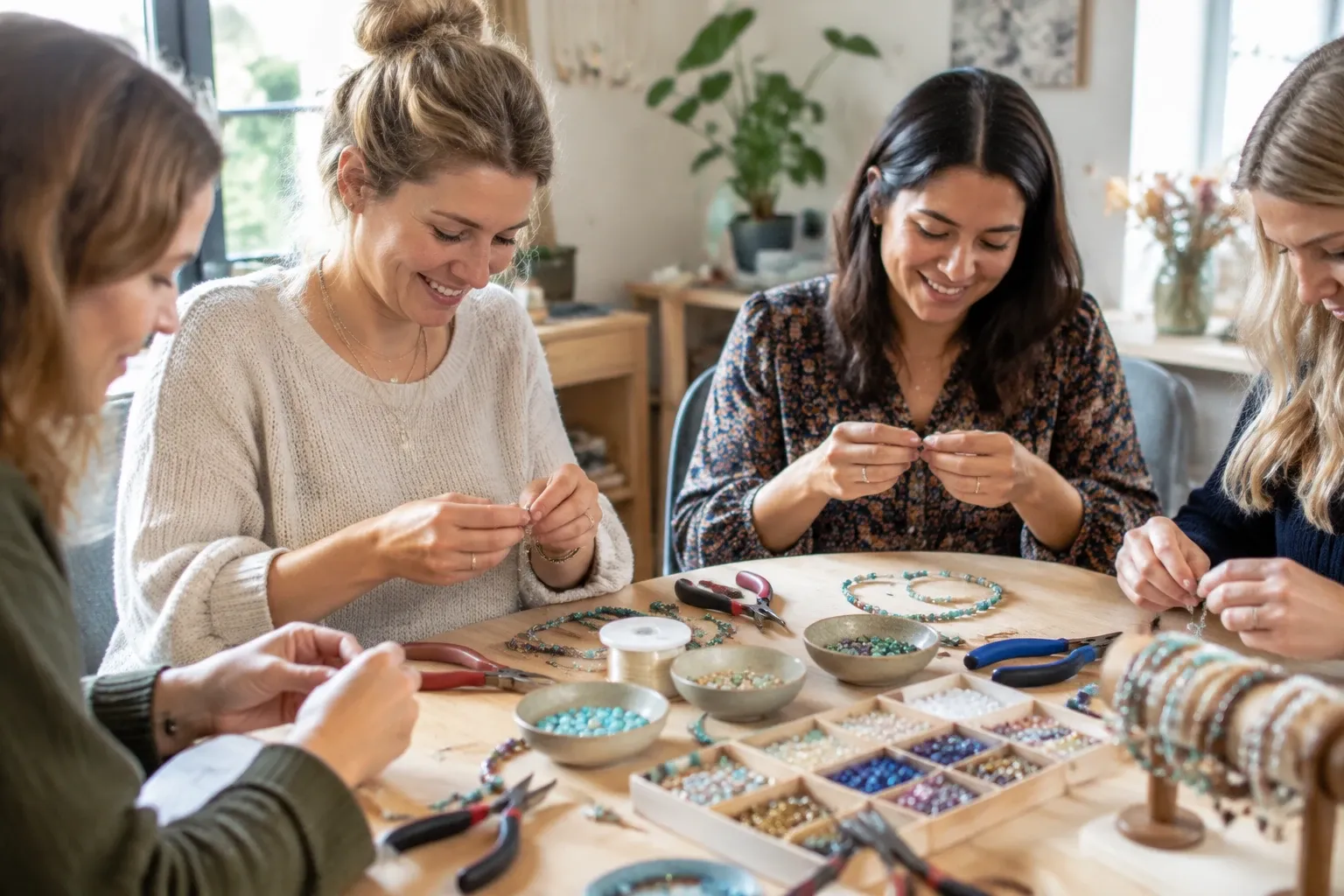 Vier vrouwen maken kettingen en armbanden met kralen en gereedschap aan tafel