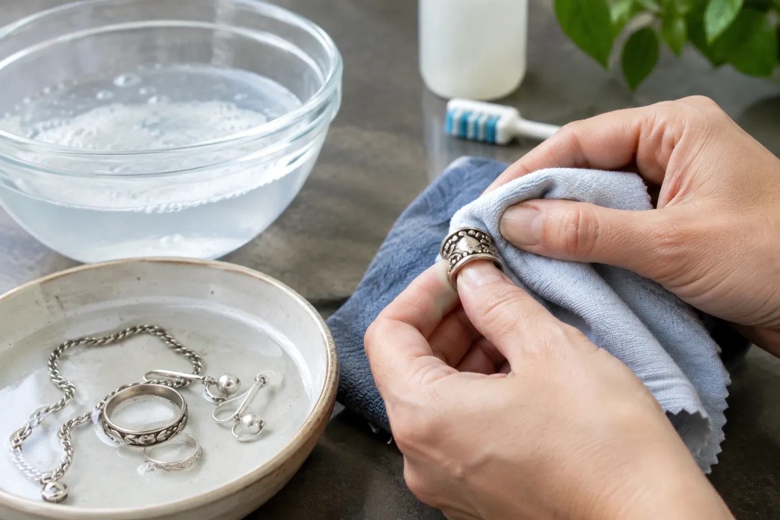 Handen die een zilveren ring poetsen met microvezeldoek, kom met water zichtbaar